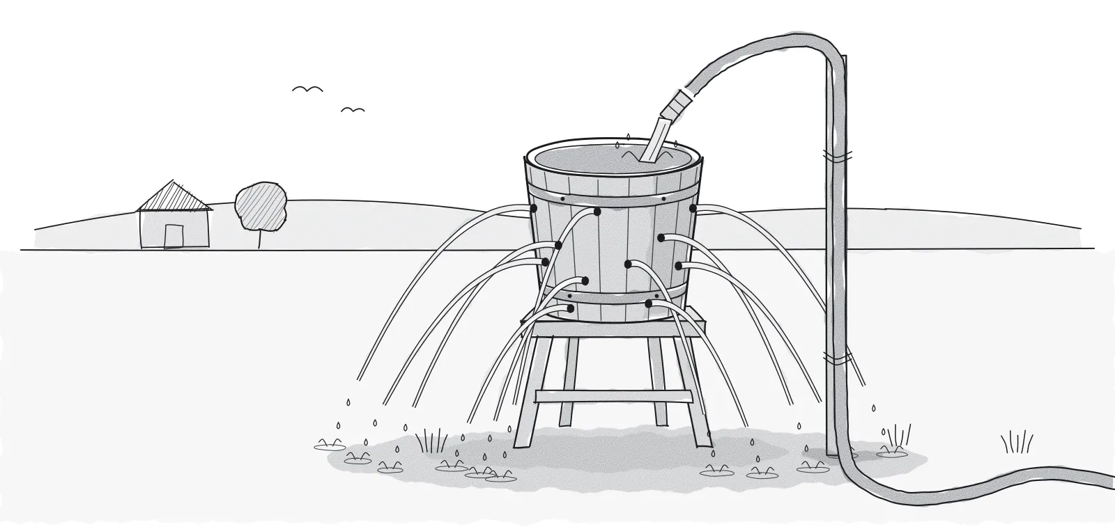 Ink cartoon of a wooden bucket on a stand, full of holes with water streaming out of every one onto a spreading puddle, while a garden hose tied to a post keeps pouring water in from above.