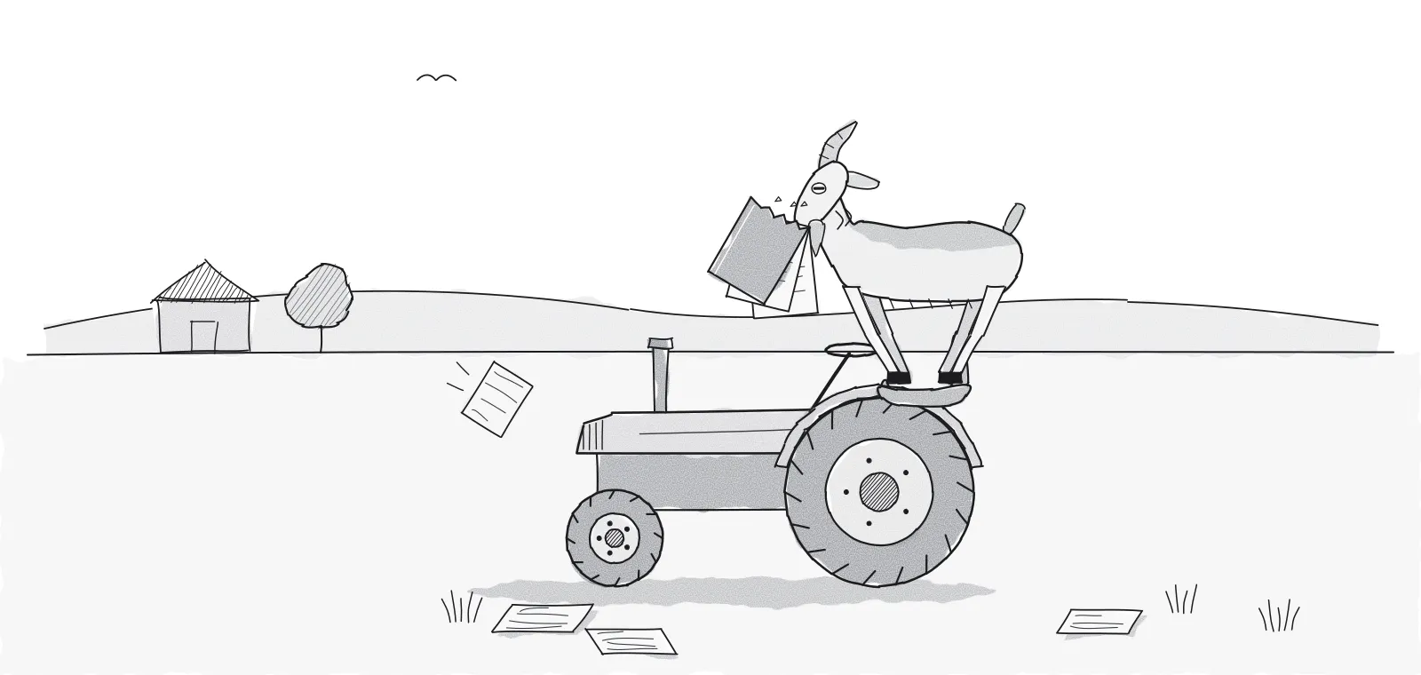 Ink cartoon of a goat standing on the seat of a parked tractor, chewing a booklet that hangs from its mouth, with torn pages scattered on the ground.